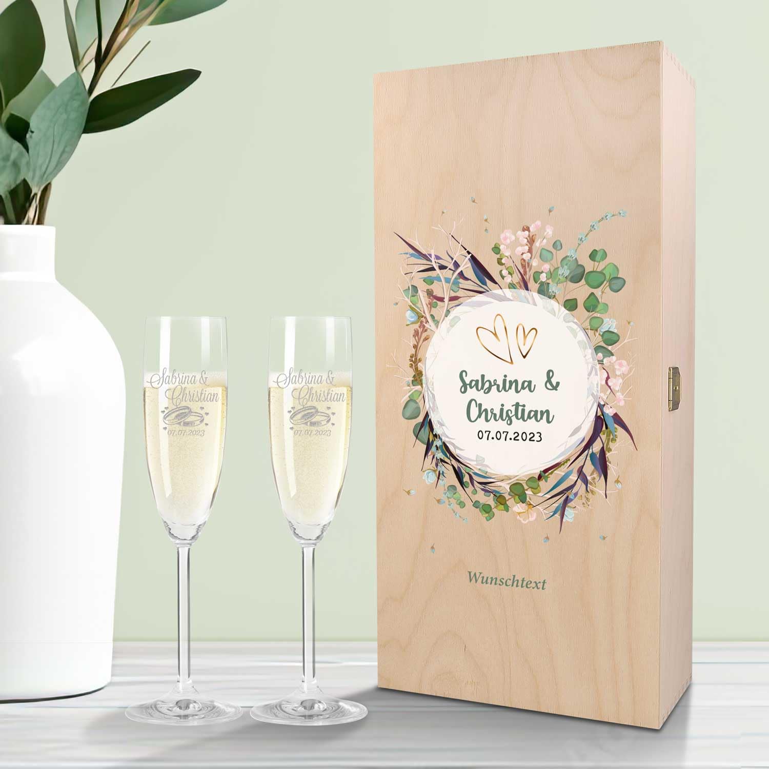 Leonardo Flûtes à champagne gravés Design floral Cadeau mariage, fiançailles ou anniversaire Boîte bois vintage imprimée