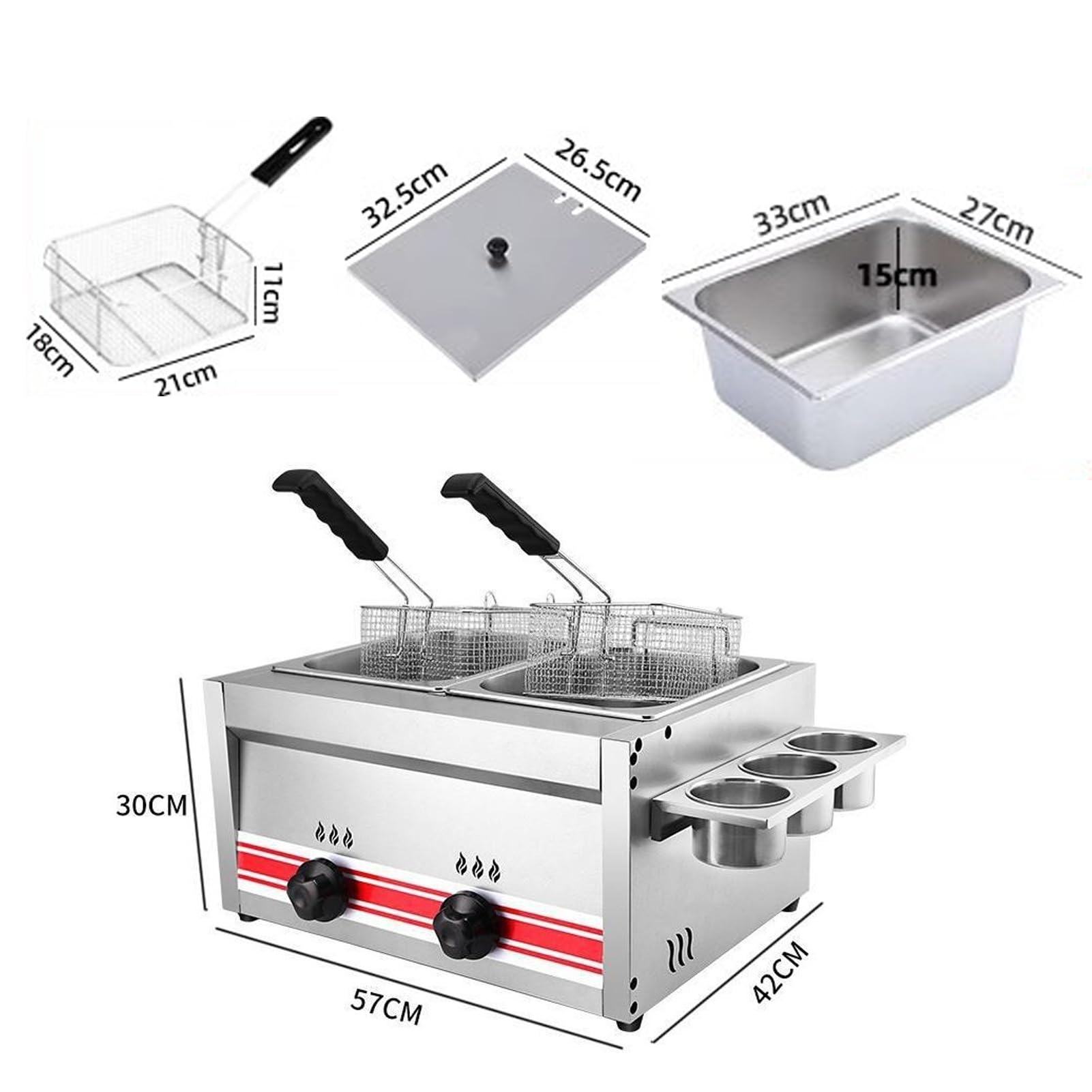 Friggitrice a gas, grande capacità, in acciaio inox, per uso domestico e commerciale, potenza di fuoco regolabile con cestini e coperchi, perfetta per patatine, ciambelle e pesce