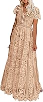 MEROKEETY Women's V-Neck Floral Lace Boho Maxi Dress - A-Line Bridesmaid Wedding Cocktail Party Gown