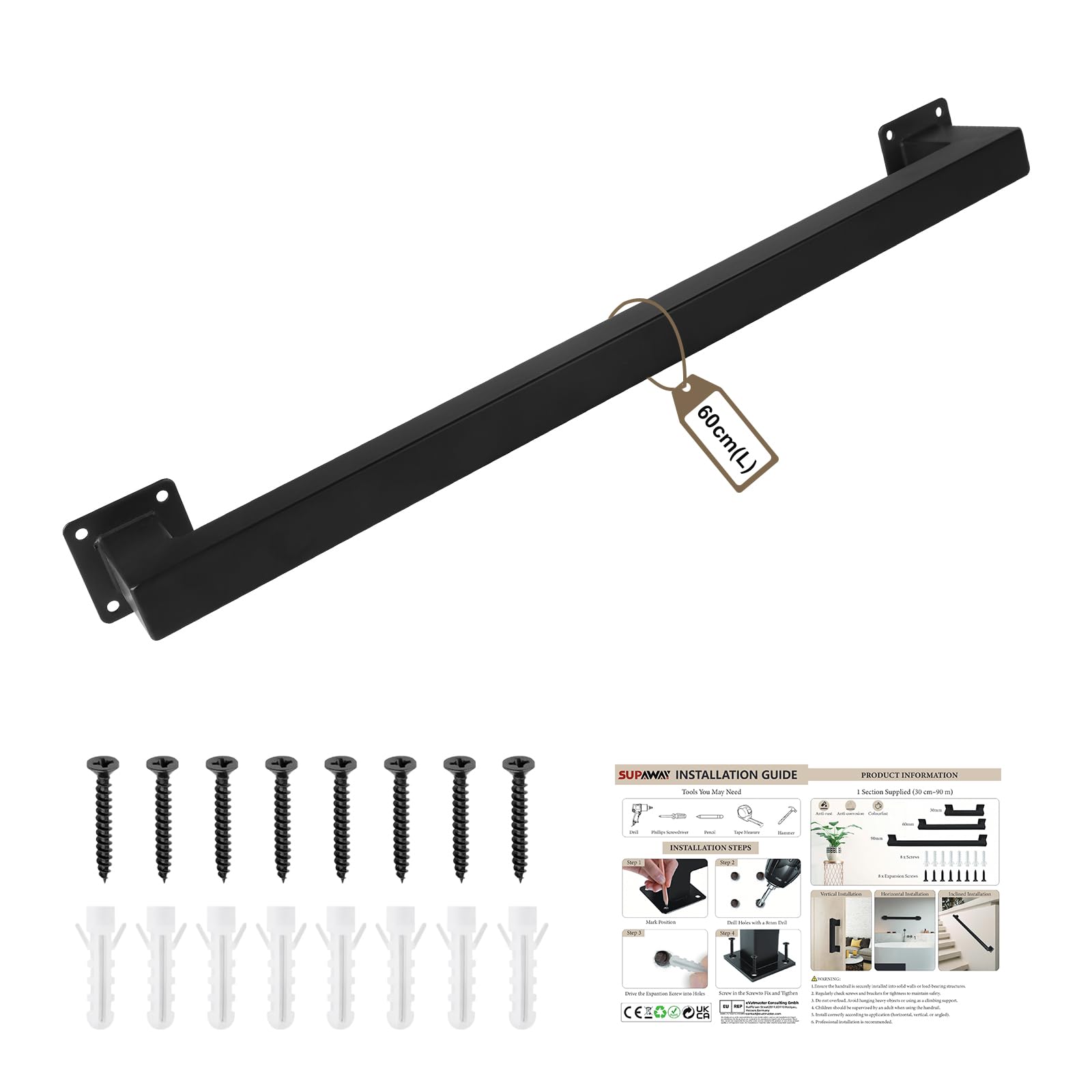 Corrimano 60 cm per Scale, Design Tubo Quadrato Corrimano a parete con supporti, Interno/Esterno, Ringhiera di sicurezza Nero opaca per scale, parapetti, balconi o maniglie