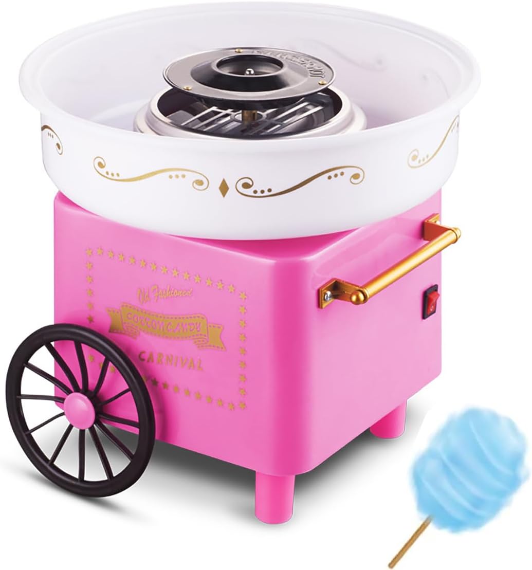 Cotton Candy Machine Pink & Red Retro Cotton Candy Maker with 10 Bamboo Sticks & Plastic Scoop, Effortless Home Sugar Candy Machine Ideal for Family Fun & Parties (PINK)