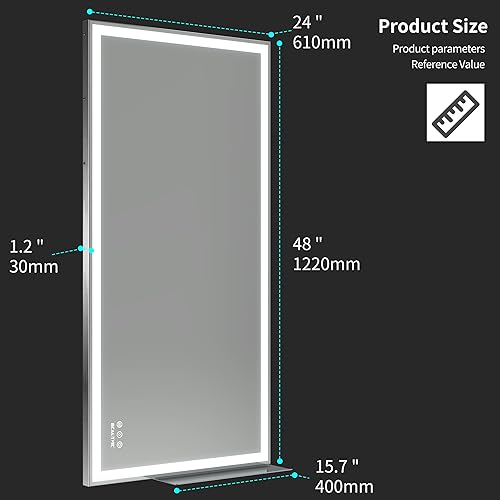 Miniatura 7 de BEAUTME Espejo de baño LED de 48 x 24 pulgadas, espejo de baño iluminado con luces, luces de 3 colores ajustables, montado en la pared, antiniebla,