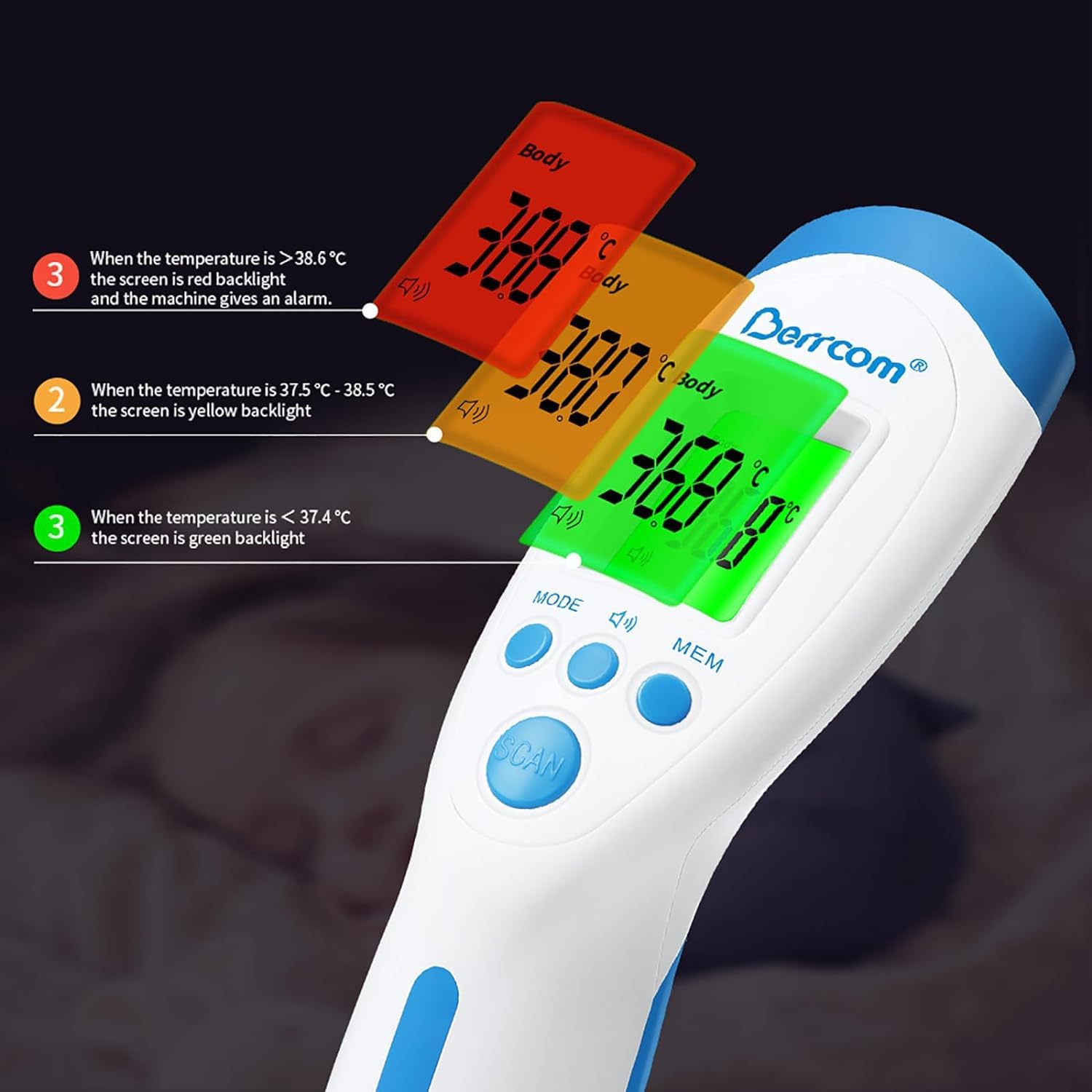 Berrcom Thermomètre infrarouge numérique frontal sans contact Thermomètre avec lecture instantanée Alarme de fièvre 3 couleurs Interrupteur °C/°F