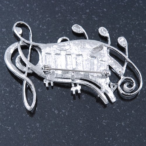Avalaya Black, White Enamel, Austrian Crystal Musical Notes Brooch In Silver Tone - 65Mm L #TOP2