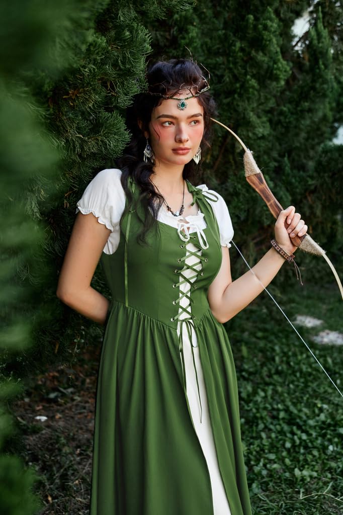 SCARLET DARKNESS Maxi abito rinascimentale da donna, 2 pezzi, con spalle scoperte, maniche corte, con lacci, costume irlandese con sopra il vestito
