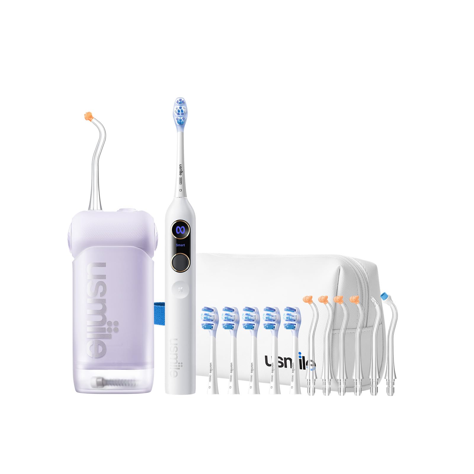 5-in-1 Bundle usmile C10 Portable Water Flosser Purple Y20 PRO AI Smart Electric Toothbrush White S-Type Nozzles Replacement