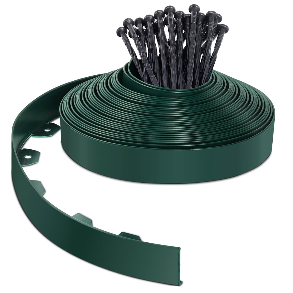 VOUNOT® Bordo Giardino Flessibile, Bordi Aiuole Plastica, con 40 Chiodi di Fissaggio, Lunghezza 20m, Altezza 5cm, Verde