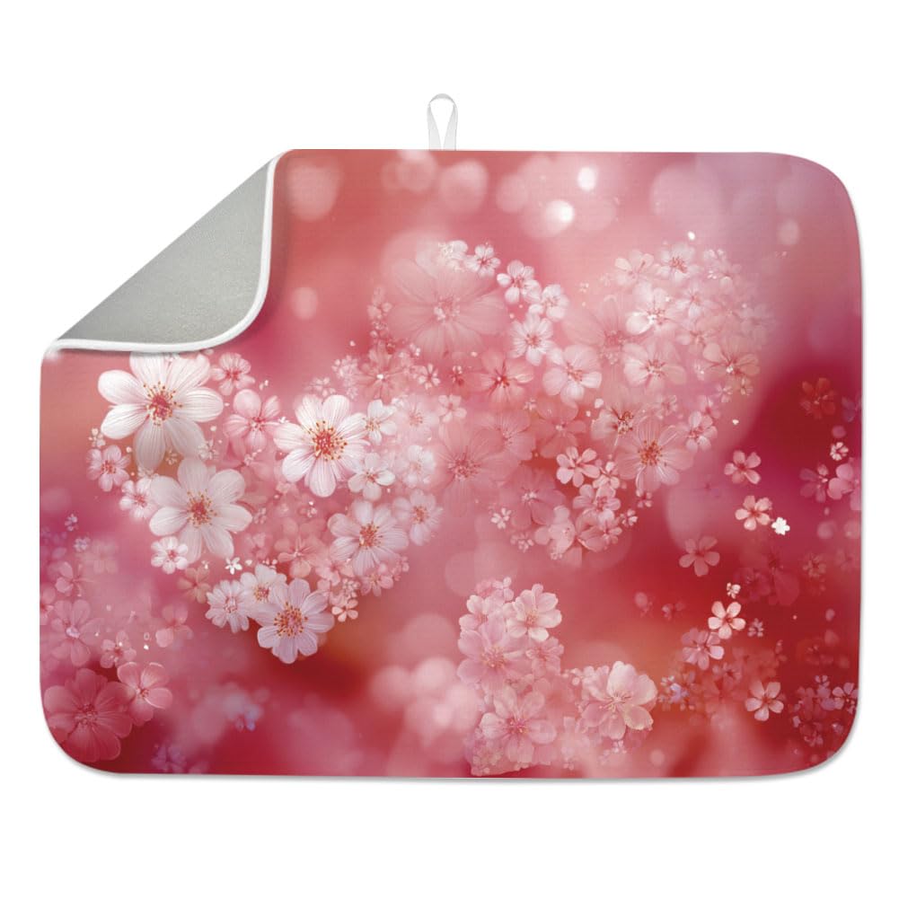 INFUNLY Tapis d'égouttoir à vaisselle rose Love pour cuisine, motif cœurs romantiques, tapis absorbant, en microfibre, tapis de séchage pour vaisselle de 45,7 x 61 cm, lavable pour comptoir, café, bar