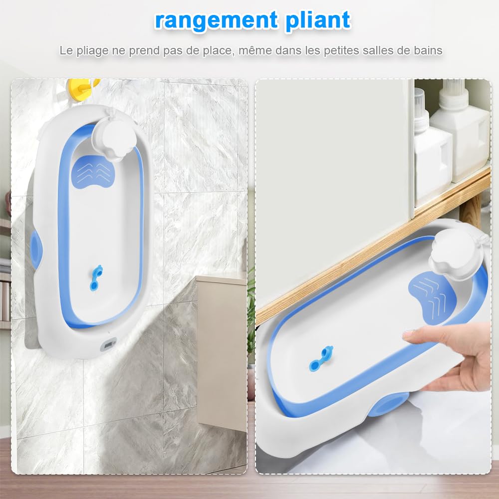 Homewell - Bañera de bebé plegable con cojín de baño para bebé y termómetro digital, bañera para el hogar y los viajes, fácil de limpiar (azul)