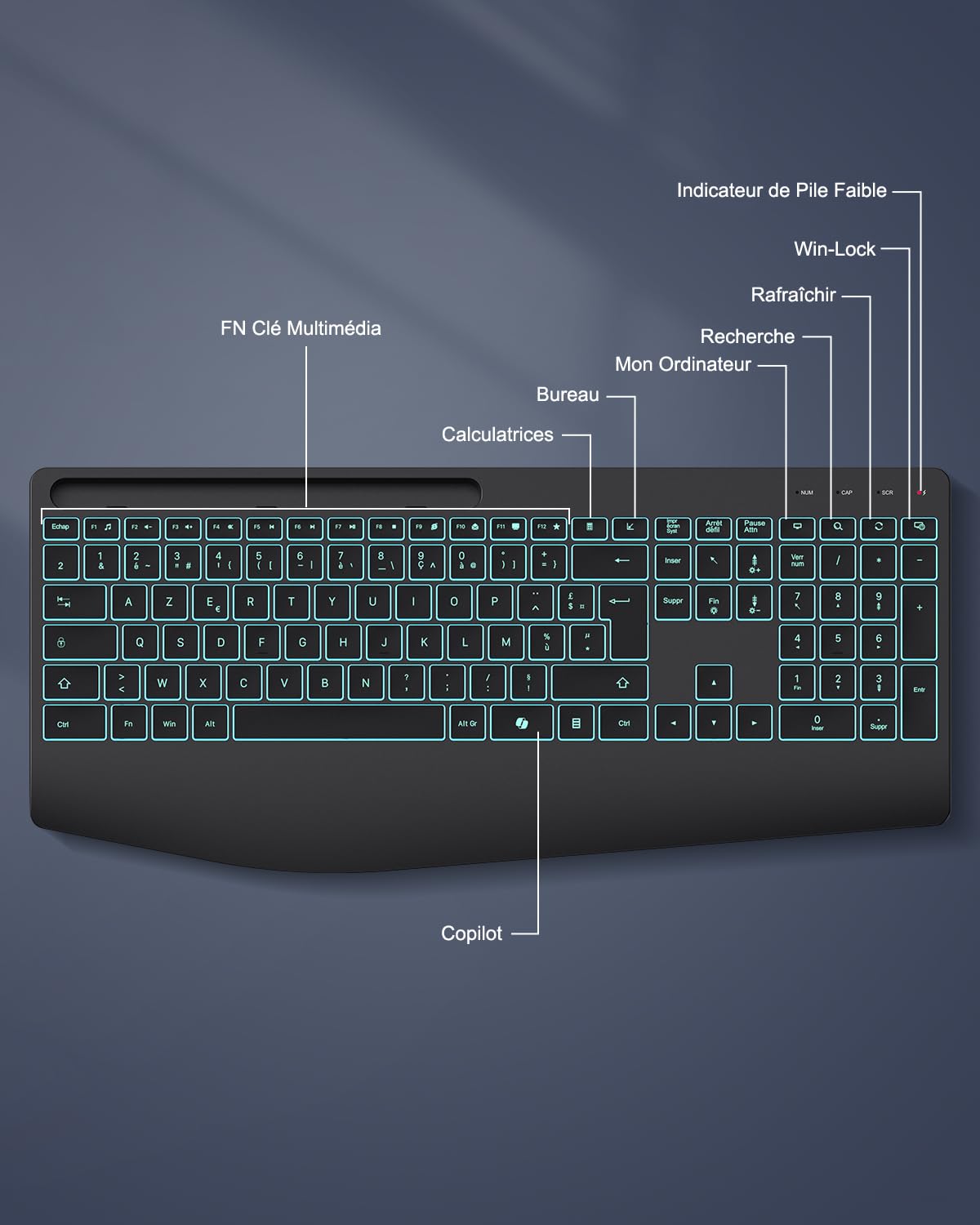 TECURS Clavier sans Fil 2,4 GHz AZERTY Français avec Repose-Poignet, Noir
