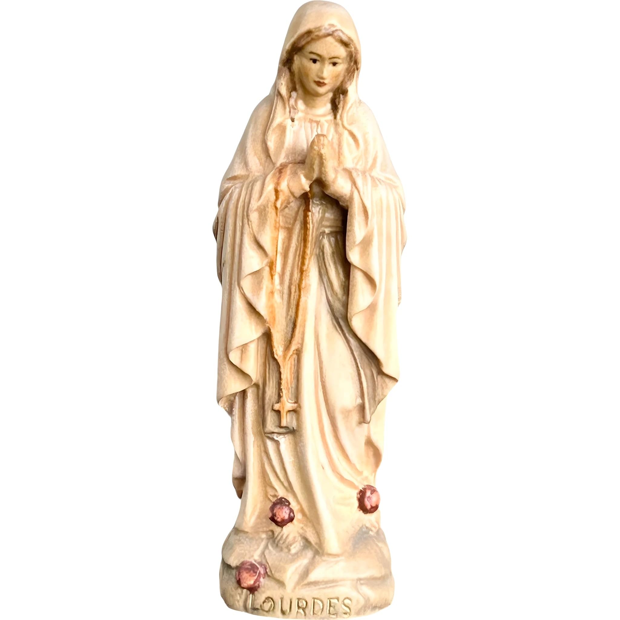 Rzeźbiona w drewnie statuetka Matki Bożej z Lourdes autorstwa Dolfi