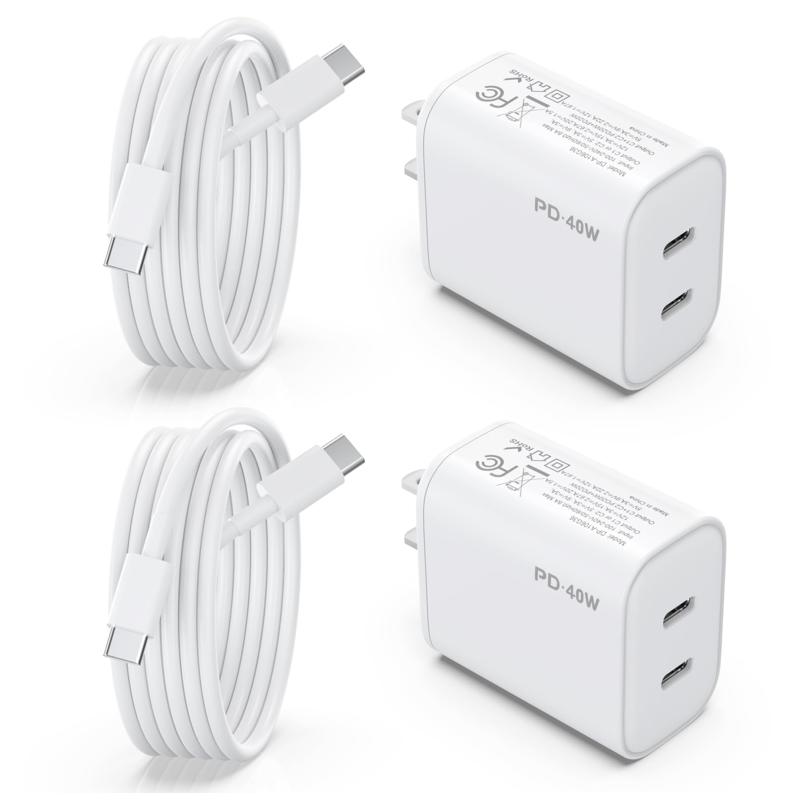 QUZUDN iPhone 15 16 Charger, 2 Pack 40W USB C Charger Dual Port Fast Charging Block (2-Pack 6 ft USB C to C Cable Cord Included) for iPhone 16 15 Pro Max/15Pro/15/15Plus,iPad
