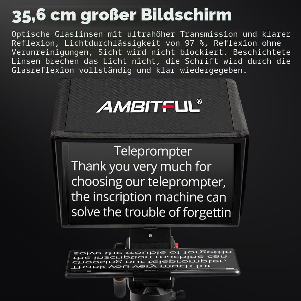 Ambitful T14Pro Teleprompter für Kamera, iPad, Android-Tablet, Smartphone, App-Steuerung/keine Montage, kompatibel mit iOS Android, für Online-Tech/Interview/Vlogger/Live-Streaming