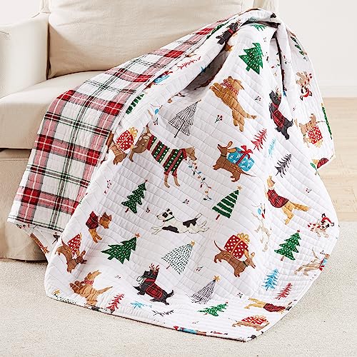 Levtex Home Merry & Bright Collection - Jingle Paws Throw - Christmas Dogs - Red, Green and White - Holiday Quilted Throw Size 50x60in. - Polyester