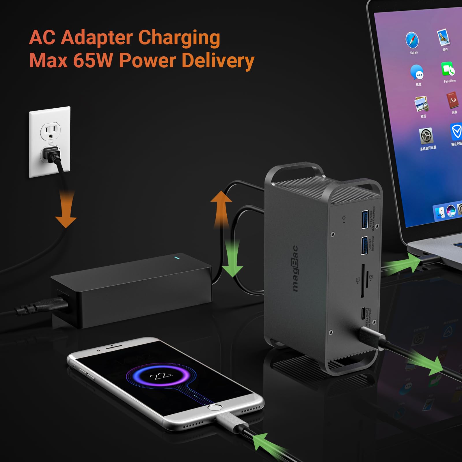 Docking station USB C triplo monitor, docking station per laptop con doppia HDMI 4K@60Hz, DP 4K@60Hz, 8 porte USB A/C, Ethernet 1000Mbps, slot per schede SD/TF, adattatore di alimentazione CA da 100 W