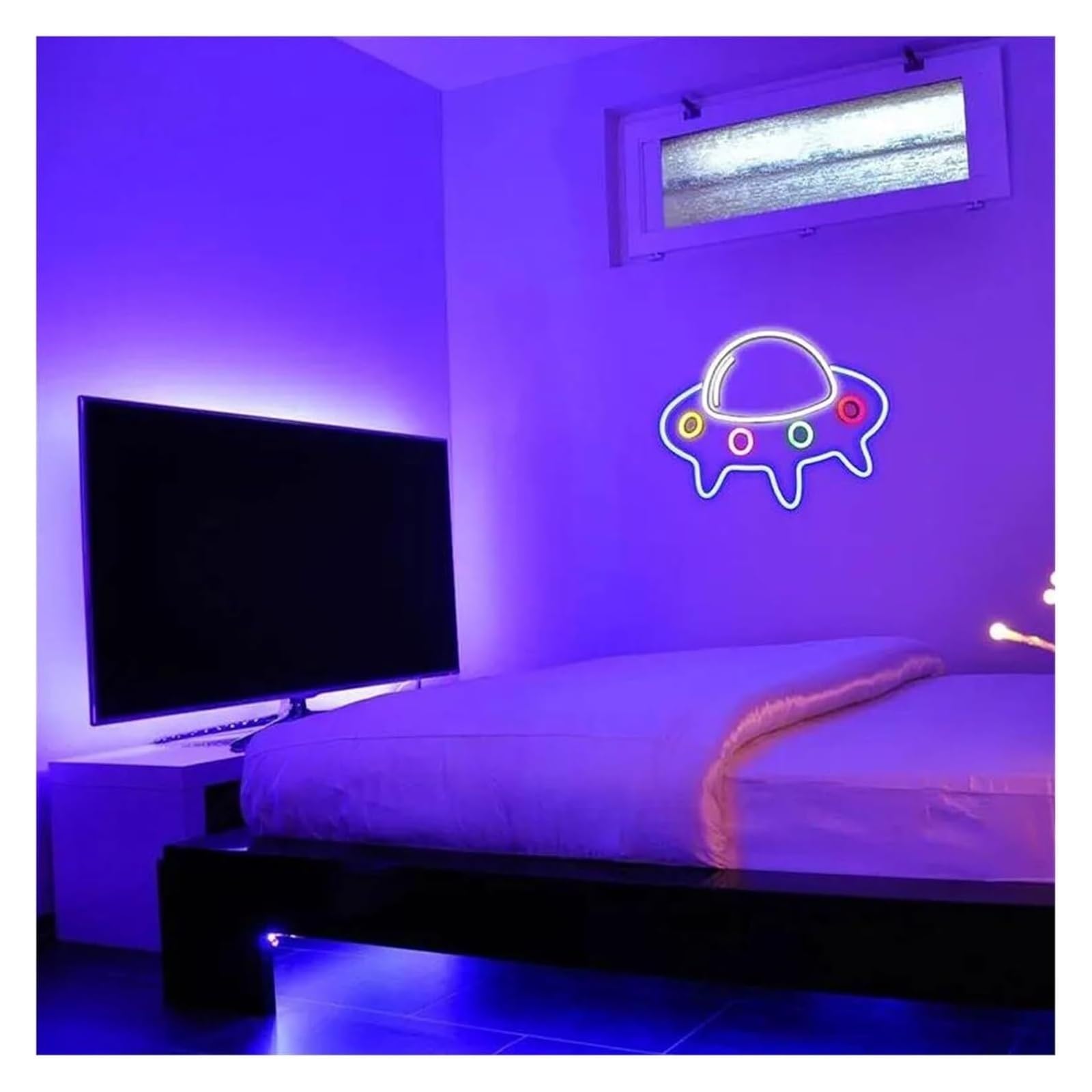 Lampada calmante per l'umore, insegna al neon a forma di pianeta e astronave, decorazione per camera da letto