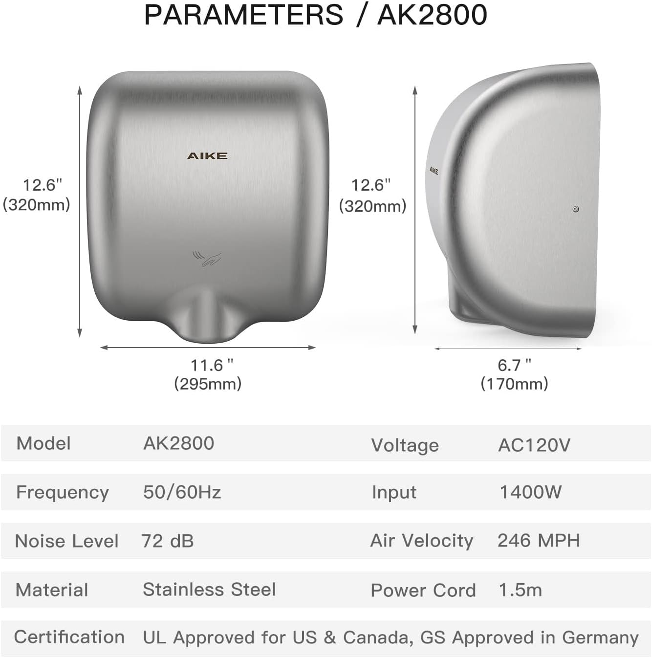 Diagram showing dimensions and specifications of AIKE AK2800
