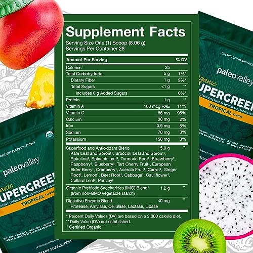 Paleovalley Organic Supergreens Powder - 23 Superfoods with Prebiotic Fiber for Energy and Immunity Support - No Cereal Grasses for Maximum Absorption - Tropical, 30 Servings - Image 3