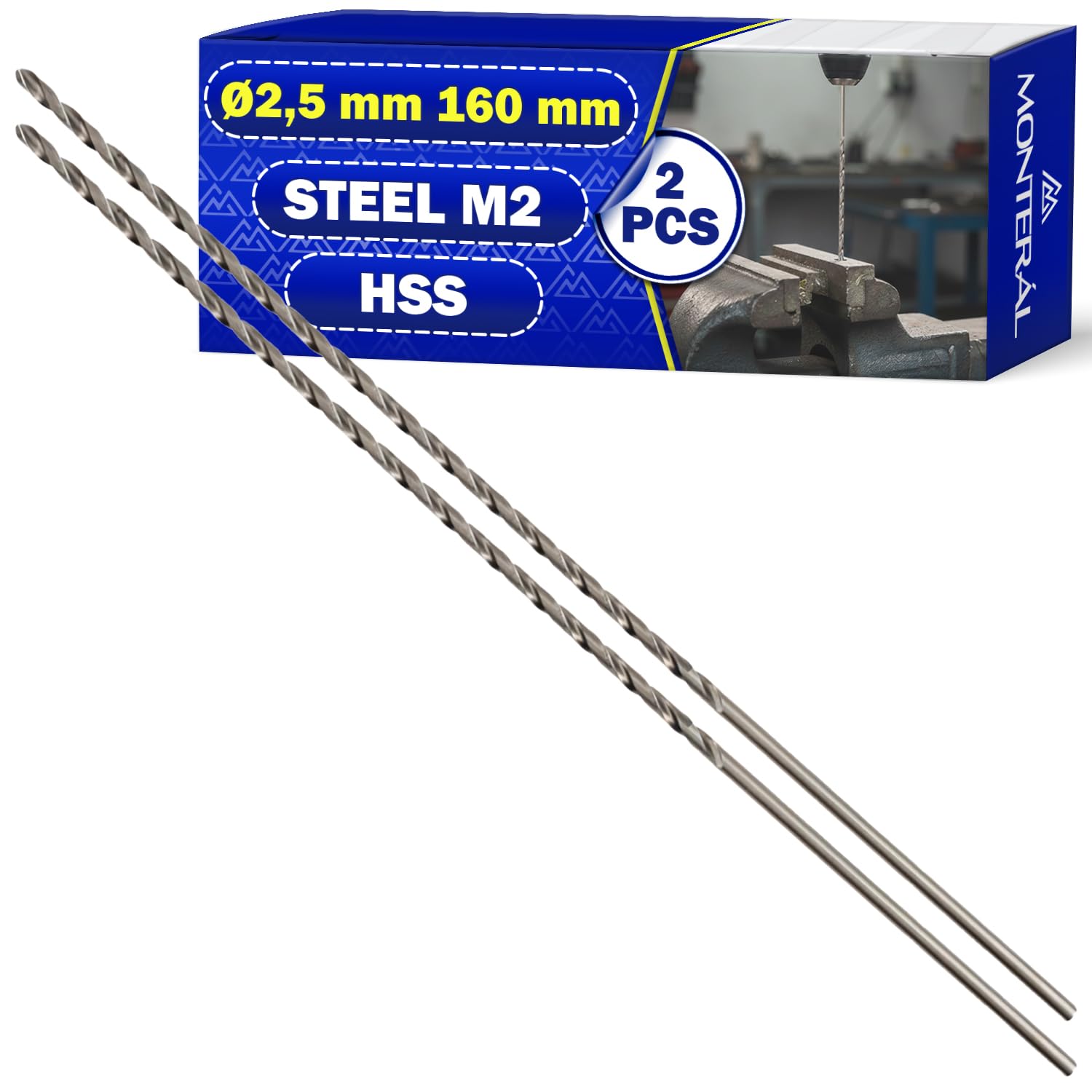 2 Piezas HSS Brocas para Metal Duro Largo Ø 2,5 mm 160 mm en Acero Aleado Templado M2 - Juego Brocas Metal Duro Puede Usarse para Hierro Acero Metales No Ferrosos - MONTERAL