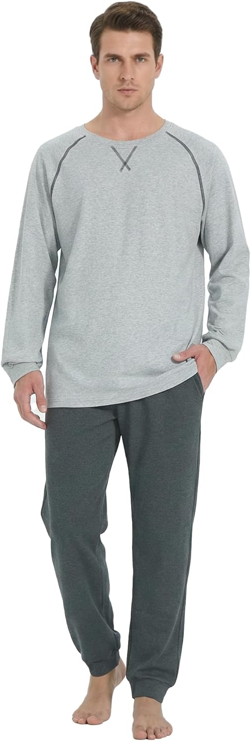 U2SKIIN Men's Organic Cotton Pajama Set Soft Crew Neck Long Sleeve Sleepwear Cozy Jogger Casual Lounge Set with Pockets