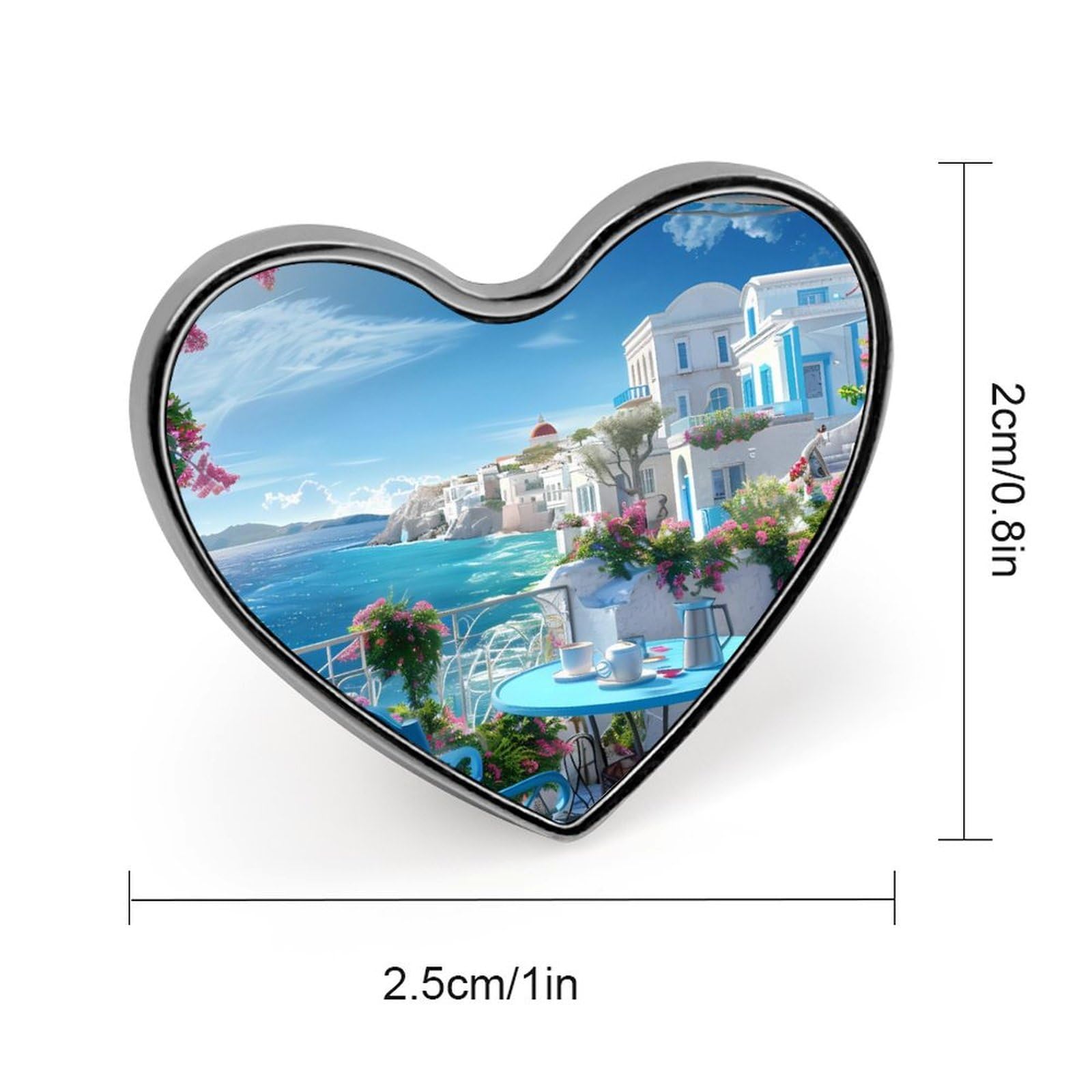 Greek Coffee in Santorini Print Badge Pin Heart Brooch Lapel Pins Collar Pins for Dress Jacket Backpack Decor