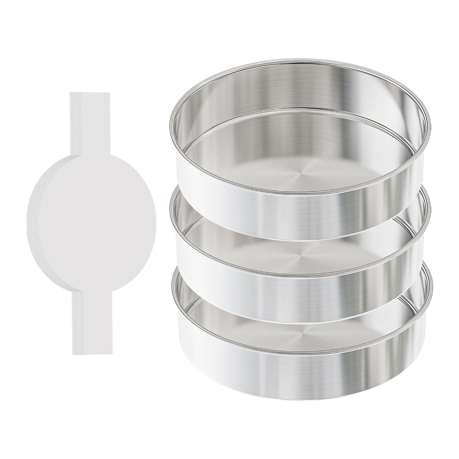 Juego de 3 moldes profesionales para hornear de 20 cm, de acero inoxidable con 100 hojas naturales para hornear, aptas para lavavajillas, utensilios para hornear pasteles resistentes a los arañazos