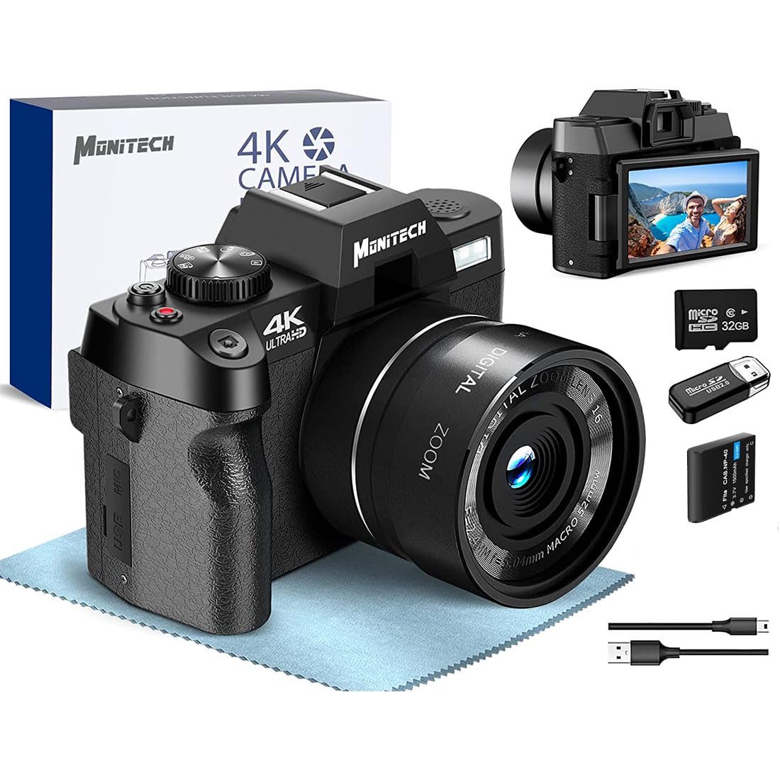 Monitech Digital Camera for Photography and Video, 4K 48MP Vlogging Camera for YouTube with 180° Flip Screen,16X Digital Zoom, 2 Batteries（WT,S100,Black ）