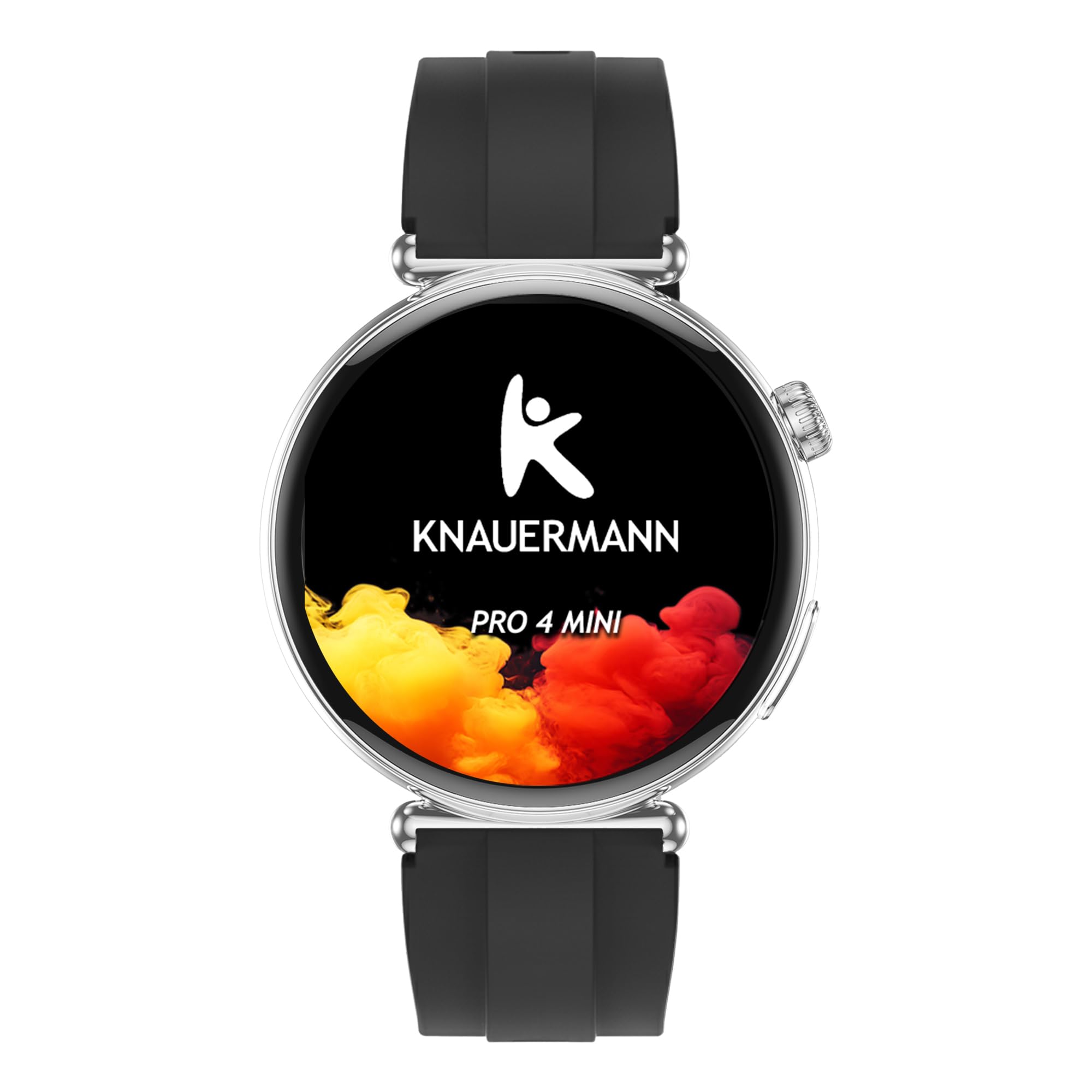Knauermann PRO 4 MINI (2026) okrągły zegarek zdrowotny EKG z pomiarem ciśnienia krwi, pulsu i tlenu we krwi, analiza snu, telefonia, IP67, silikon, czarny