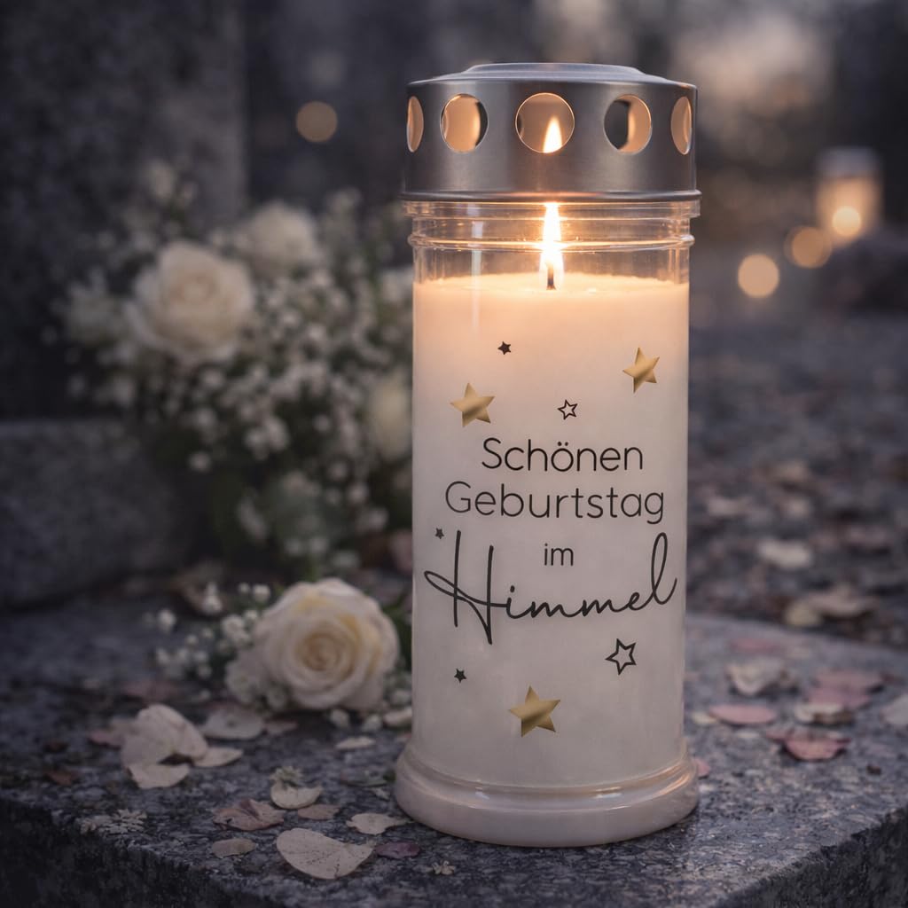 Grablicht 'Schönen Geburtstag im Himmel' | 7-Tagebrenner | Grabdekoration für eine Gedenkstätte | Trauerkerze | UV-Beständig | 21cm