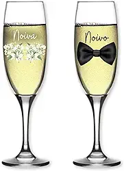 2 Taças De Champanhe 210ml Vidro Resistente Personalizada Estampa Noivado Casamento Presente Criativo Noivos Noiva Noivo Ensaio Romântico (KIT NOIVA FLORES)