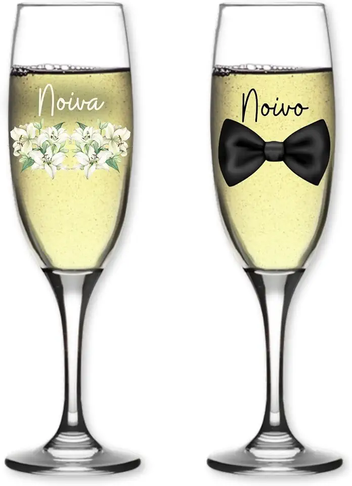 2 Taças De Champanhe 210ml Vidro Resistente Personalizada Estampa Noivado Casamento Presente Criativo Noivos Noiva Noivo Ensaio Romântico (KIT NOIVA FLORES)