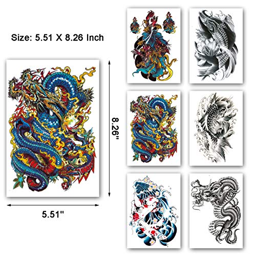 Full Sleeve Temporary Tattoos Dragon Fish Theme, Fake Fish Dragon Half Arm Tattoos Stickers And Extra Large Full Arm Tattoo Sleeves For Men Women,12-Sheet #TOP4