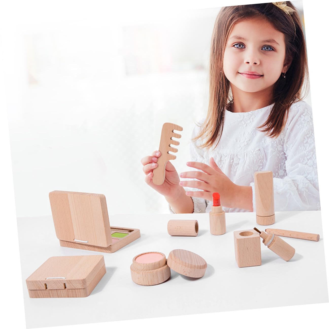 Holz-schminkset für Junge Mädchen mit Verschiedenen Schminkwerkzeugen zum Rollenspiel und Lernen Geeignet für Mädchen und Kleinkinder Sicher und Verarbeitet