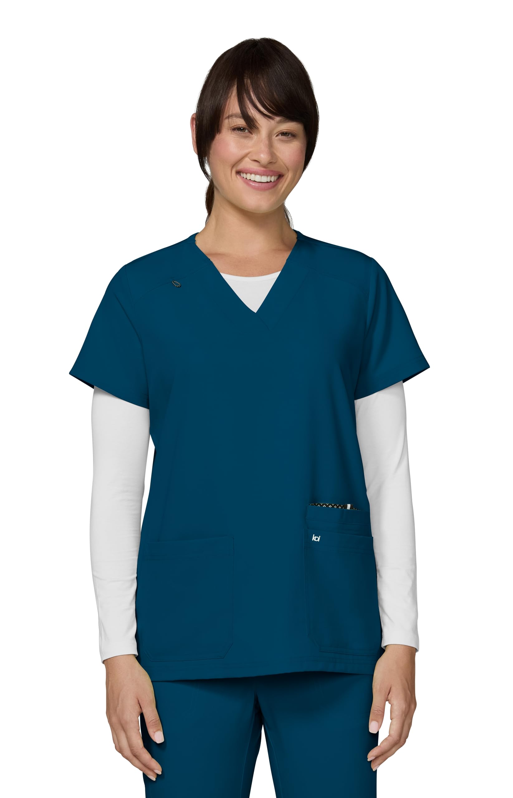 Koi Women's Caribbean Blue Next Gen 3 Pocket Hustle And Heart V-Neck Scrub Top, 4-Way Stretch, L