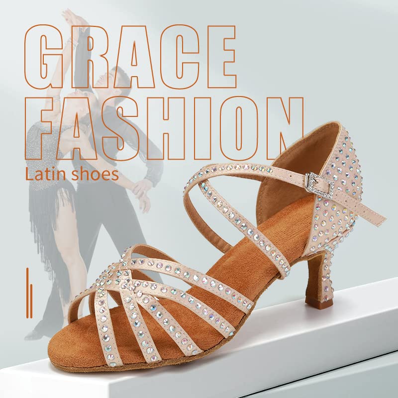 DKZSYIM Women Latin Dance Shoes Rhinestone Ballroom Salsa Performance Dancing Shoes,Model 4042