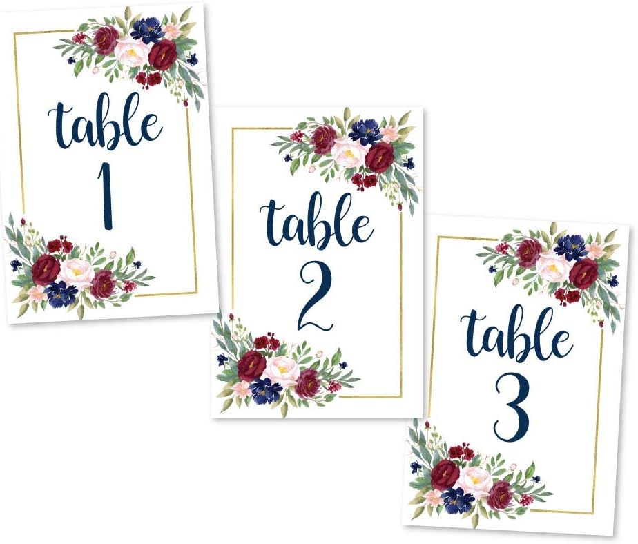 1-25 Burgundy Floral Table Number Double Sided Signs For Wedding Reception, Restaurant Birthday Party Set Calligraphy Printed Numbered Card Centerpiece Decoration Setting Reusable Frame Stand 4x6 Size