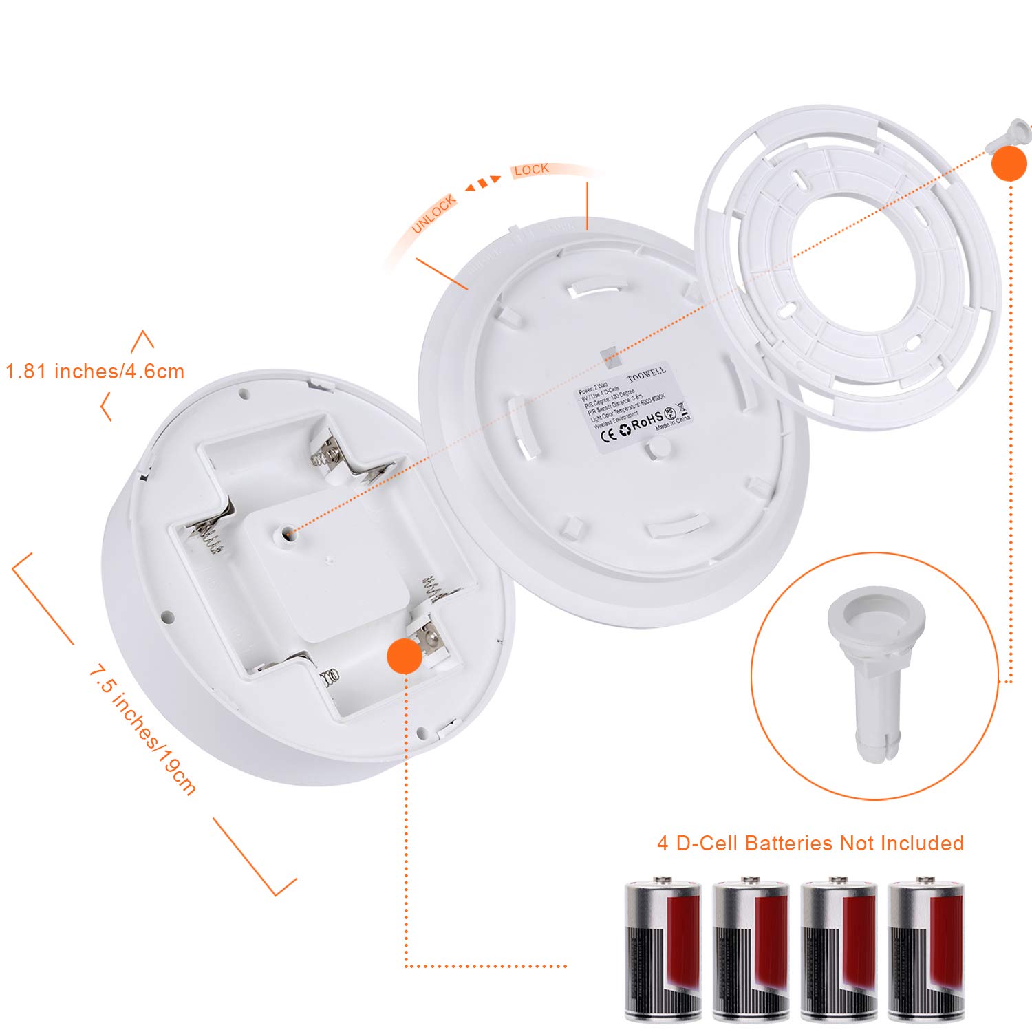 TOOWELL Motion Sensor Ceiling Light Battery Operated Indoor/Outdoor LED