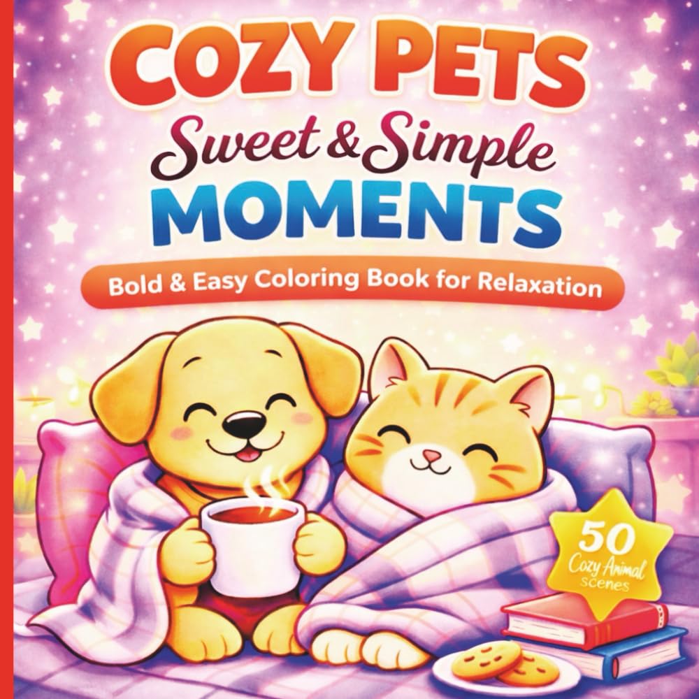 Cozy Pets: Sweet & Simple Moments: Bold & Easy Stress-Relief Coloring Book for Kids Ages 4+