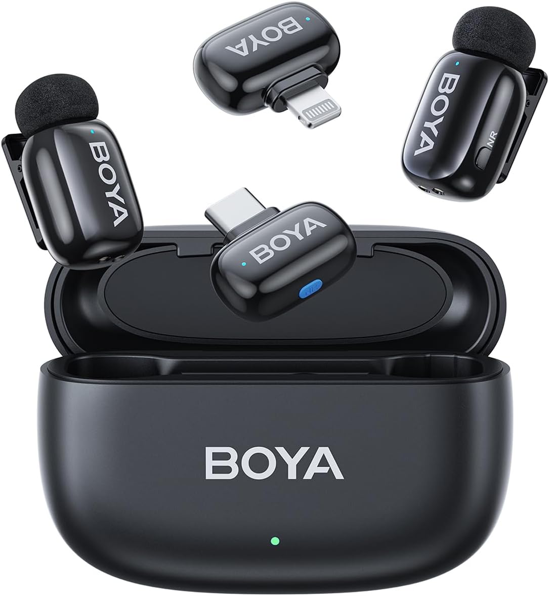 BOYA Mini Wireless Microphone Compatible with iPhone 15, 16/Android/PC with USB-C/Lightning Plug, MFI Certified, Noise Cancelling, AI Voice Changer, Charging Case Included for 30 Hours Battery Life