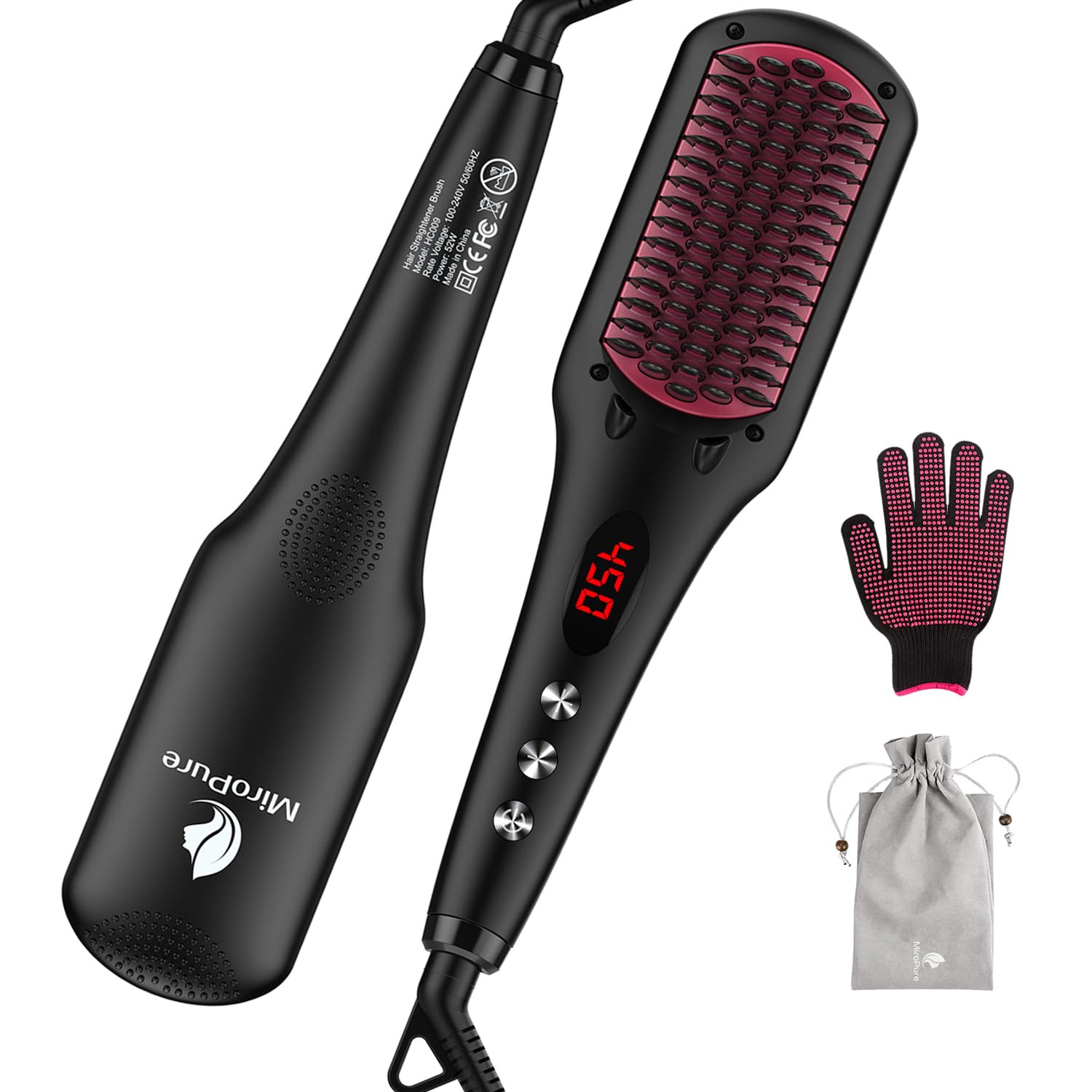 Hair Straightener Brush by MiroPure, 2-in-1 Ionic Straightening Brush with Anti-Scald Feature