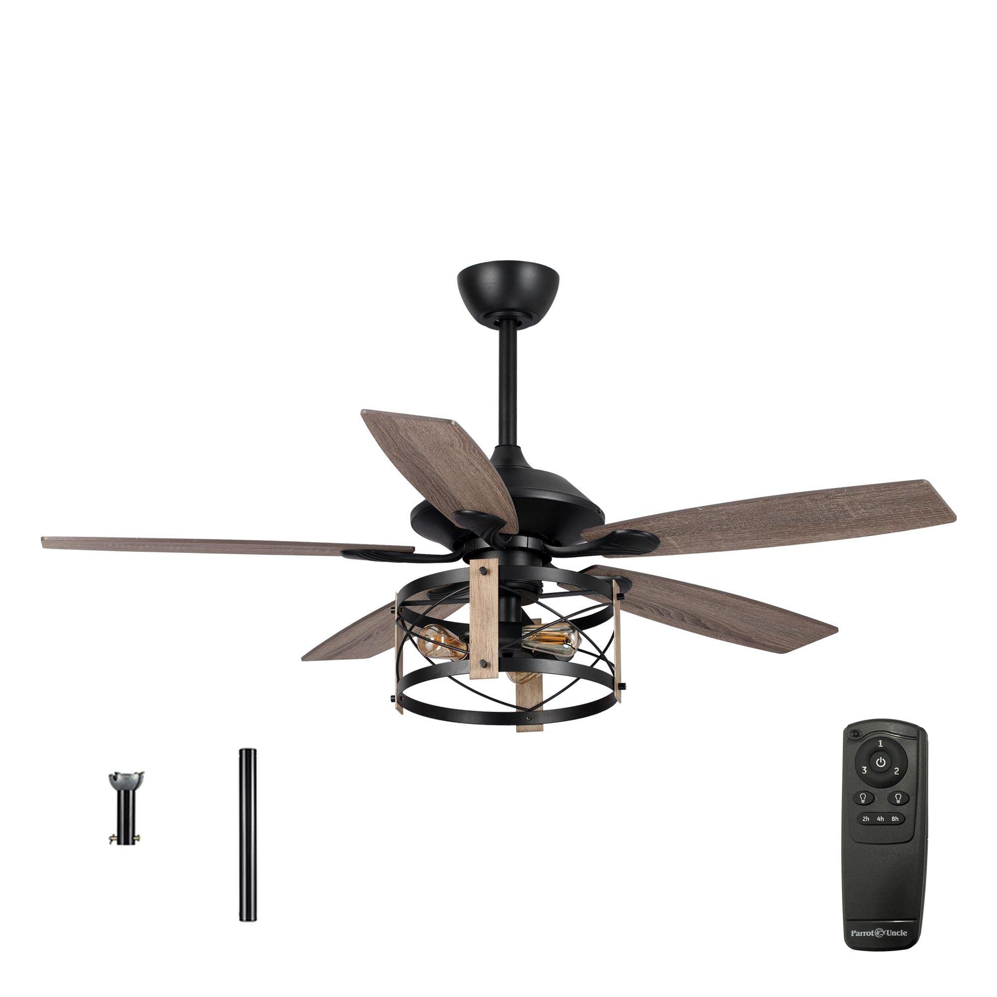 Parrot Uncle Ceiling Fans with Lights and Remote Farmhouse Ceiling Fan with Light 52 Inch Black Outdoor Ceiling Fans for Patios Covered, Reversible Motor