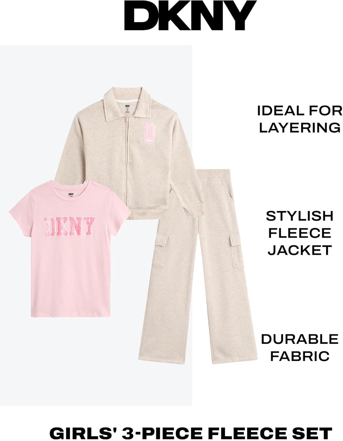 DKNY Girls Pants Set - 3 Piece Graphic Tee, Zip Up Hoodie and Jogger Sweatpants for Girls - Cute Matching Kids Sweatsuit Set - Image 2