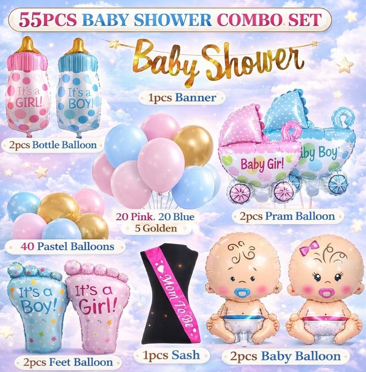 Image of GROOVY DUDZ Baby Shower Decoration Items Set-55Pcs Baby Shower Party Decoration Items with Pastel Balloon,Pram Balloon theme Party Decoration Items