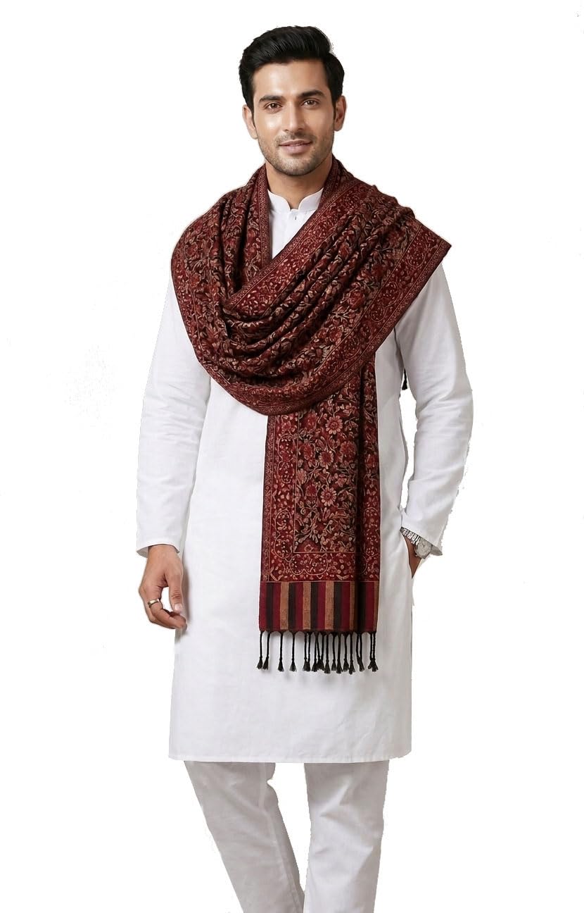Men Wool Blend Kashmiri Kaani Maroon Floral Printed Winter Stole with Tassels | Soft & Warm-image-39