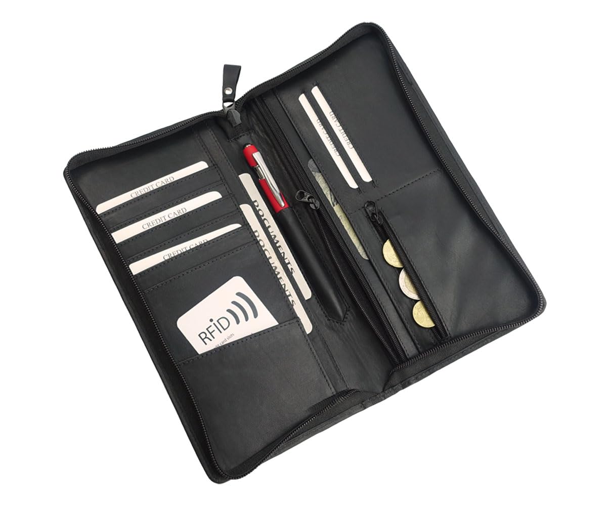 Reiseorganizer Dokumente Leder, Reisepasstasche Leder schwarz Reisepasshülle, Passport Tasche für Reisen, Reisemappe, Dokumentenmappe, Reisebörse Tickettasche Ausweistasche Leder Passport-Etui