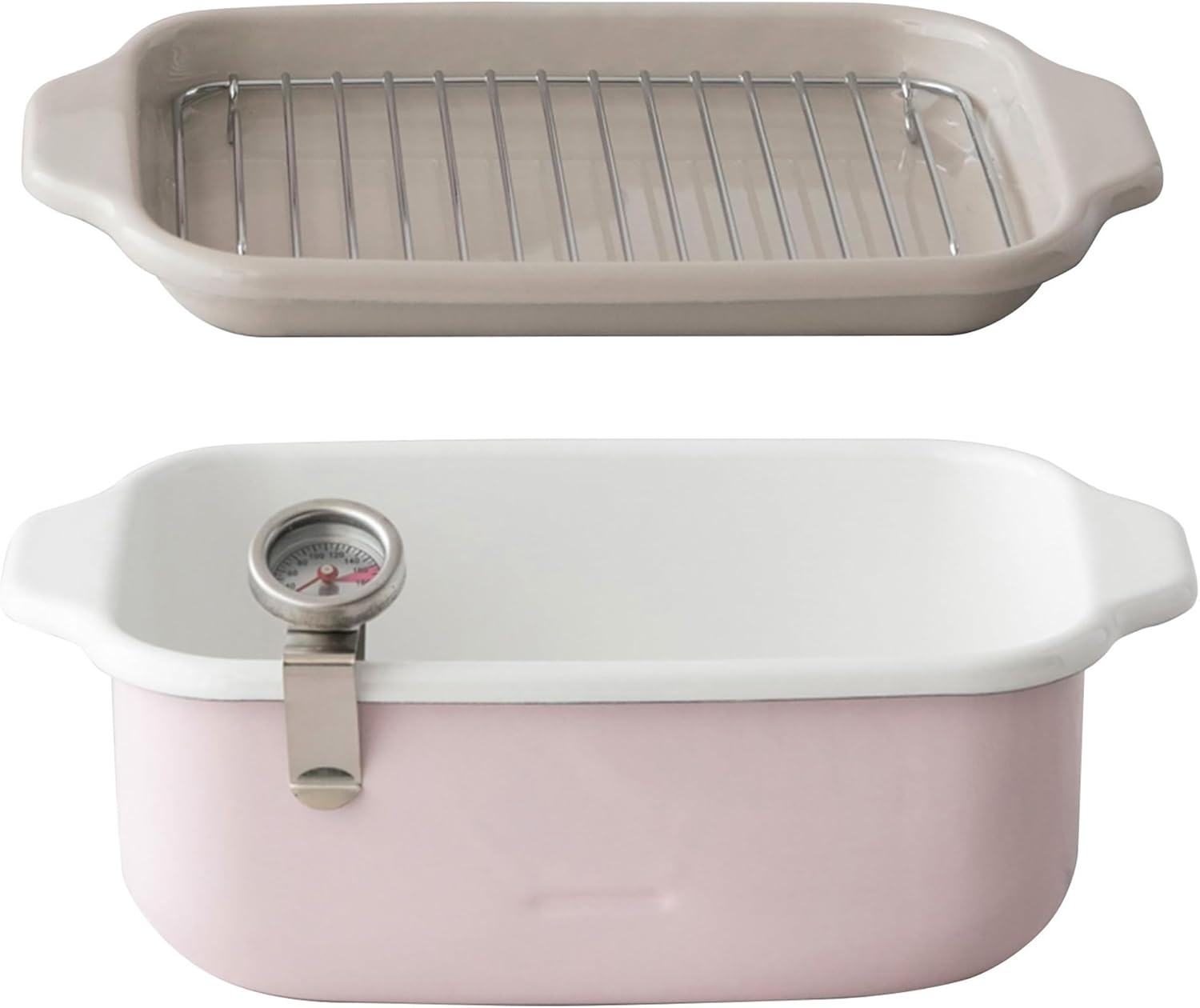 Fuji Horo Square Shaped Tempura Pot, Pink, IH Compatible, Thermometer, Frying Net, Bat Included, Gift