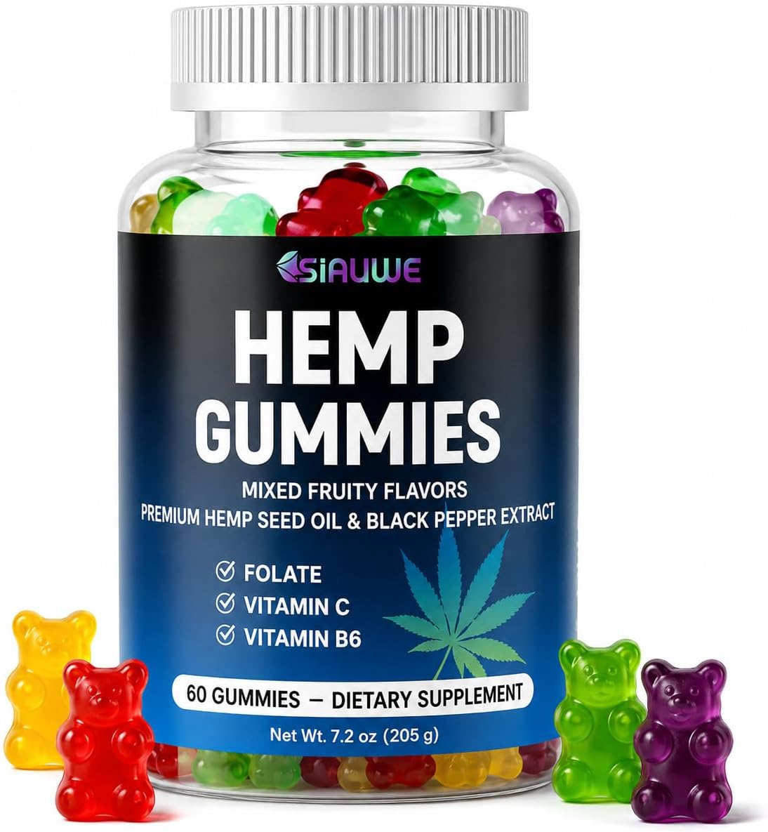Hemp Gummies with Hemp Seed Oil, Vitamin C, B6 & Folate, 60 Count