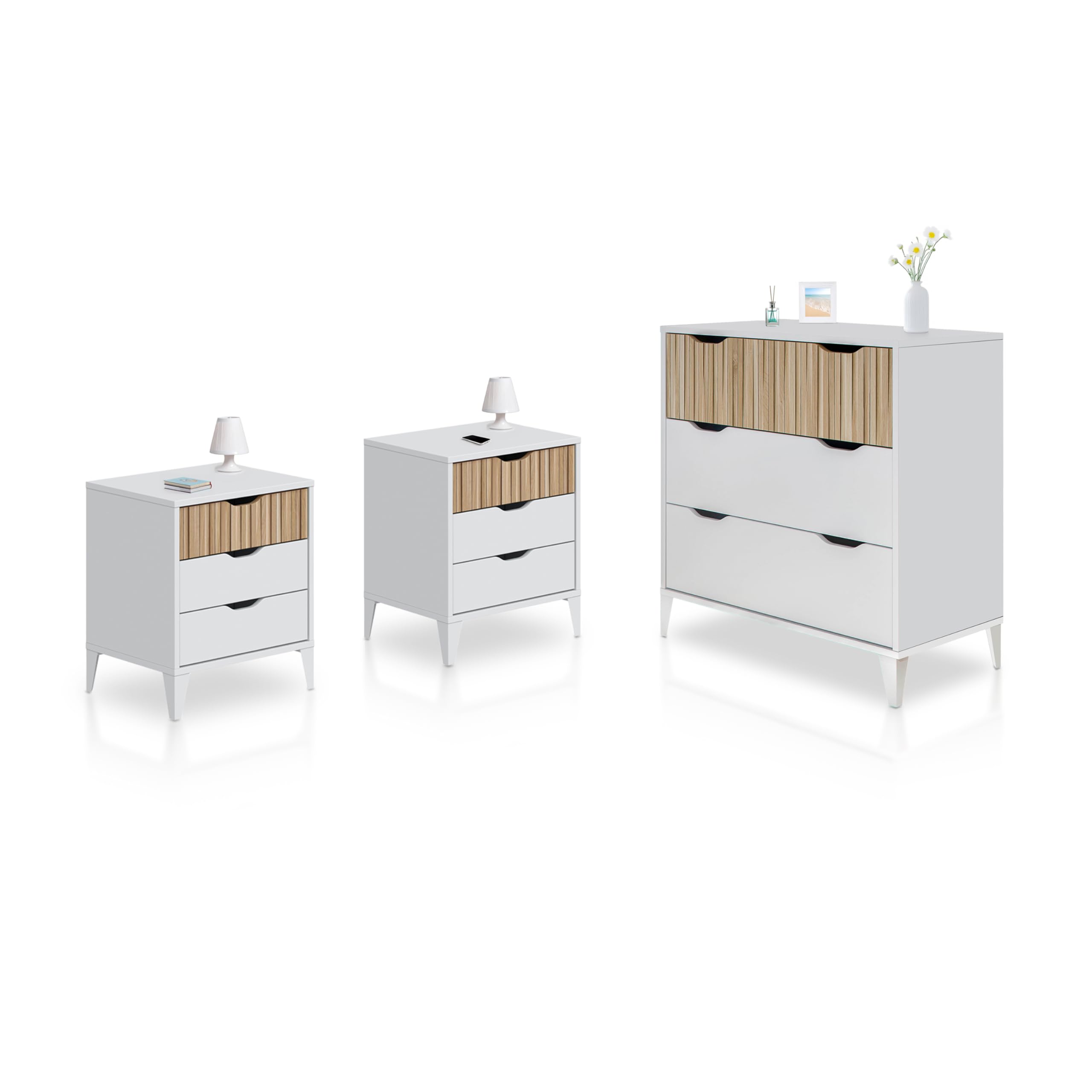 duehome | Pack de Dormitorio con 2 Mesitas de Noche + Comoda, Conjunto de Dormitorio, Modelo Nitza On 3C, Acabado en Blanco Artik y Roble Natur