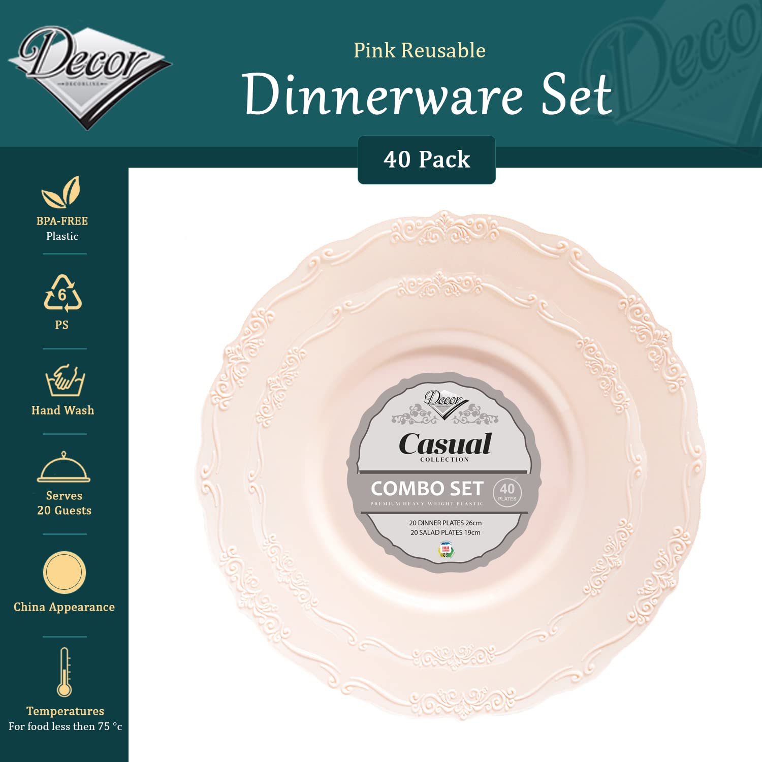 Decorline Ensemble 40 Assiettes Réutilisables Rose Vintage - Vaisselle Incassable Pour Fêtes Et Occasions