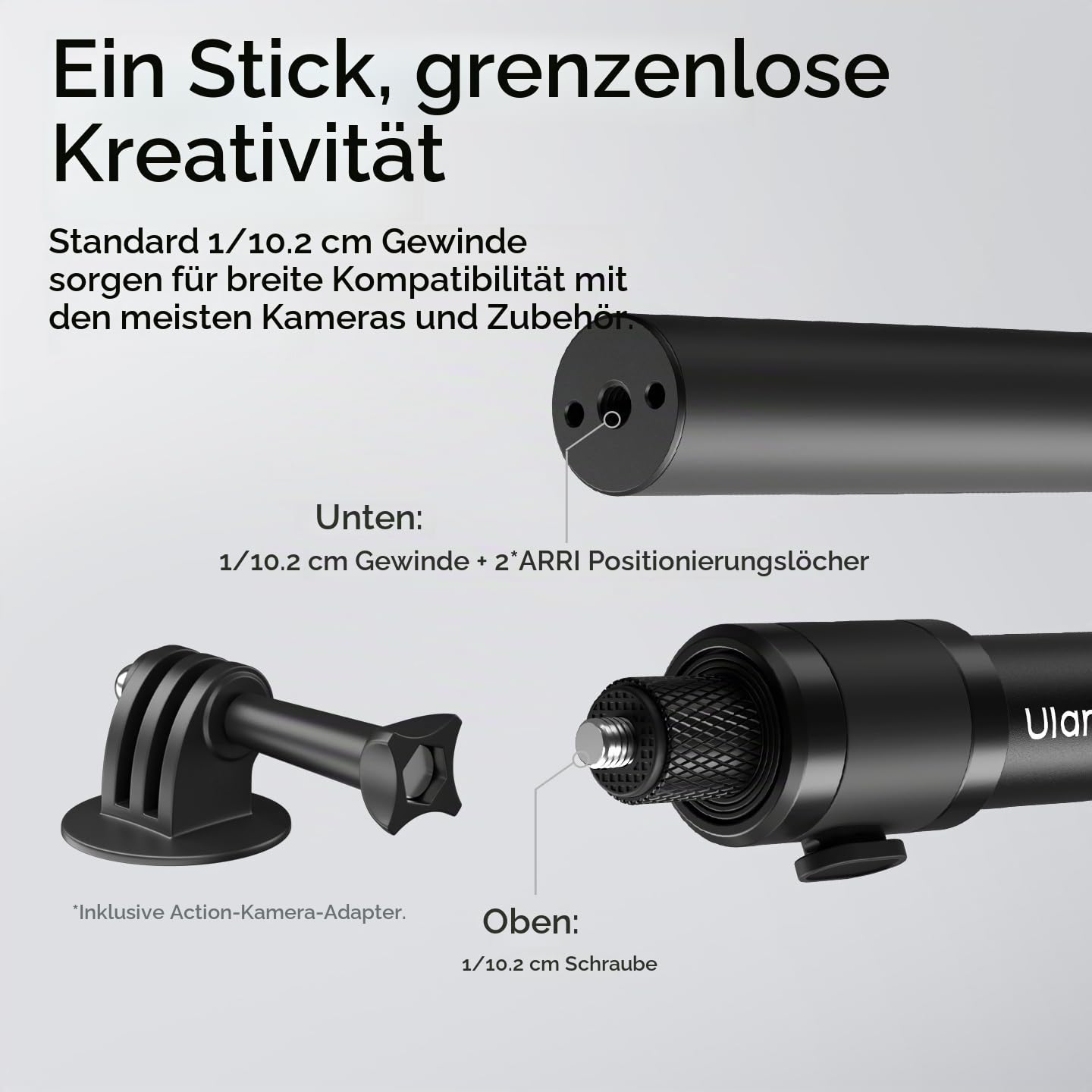 Ulanzi VL04 Selfie Stick für Insta360 x5/4/3, für DJI Pocket 3/Osmo Action 5/4/3 mit Klettverschluss-Schultergurt, ausziehbarer Einbeinstativstab für GoPro Action Kamera, handlicher Reisestab
